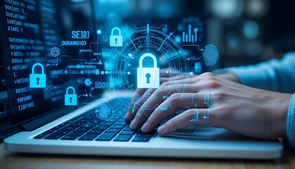 Cybersecurity expert working on laptop with digital security lock and fingerprint icons, data protection and online privacy concept