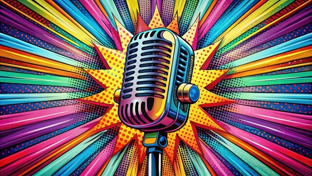 Vibrant retro podcast logo: pop art mic, surreal photo, colorful radio waves.