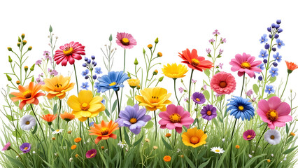 Colorful meadow and garden flowers isolated transparent background.