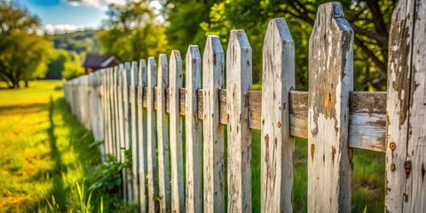 Fototapeta premium Weathered white wooden fence, rural scene, classic countryside charm. Rule of thirds composition enhances the rustic beauty.