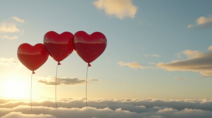 Romantic floating heart balloons at sunset cloudy sky aerial view love concept