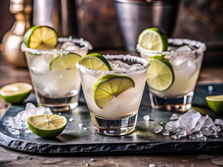Fototapeta premium Delicious glasses of margaritas with lime and ice. Tasty Food and drink background
