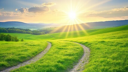 Fototapeta premium Sunlit Rolling Hills Scenic Countryside Path