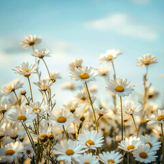 A breathtaking daisy field bathed in warm sunlight, casting a soft golden glow on delicate white petals and yellow centers&mdash;evoking peace, natural beauty, and the charm of a springtime bloom.