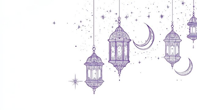 White background illuminating a simple religious line art with hanging lanterns and crescent moons
