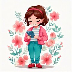 Little girl looking at her mobile phone, watercolor children's illustration with pastel colors, ideal for children's teaching projects.