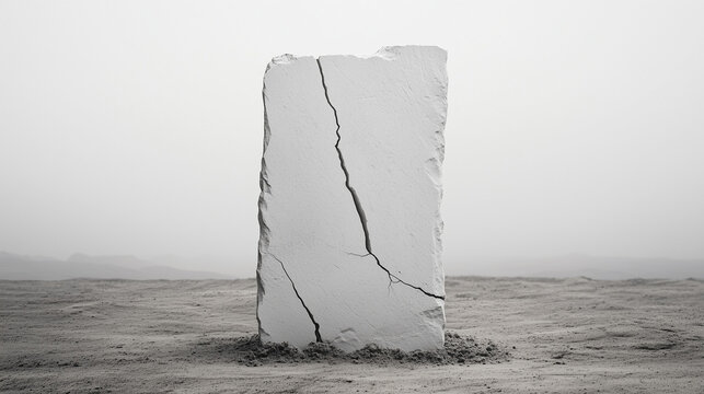 Cracked Stone Monolith in Fog: A stark, minimalist image of a solitary cracked stone monolith standing tall in a mist-shrouded landscape. Its weathered surface hints at time's passage.