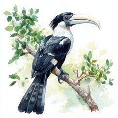 Majestic Black and White Bird with Large Beak Perched on a Branch Surrounded by Lush Green Leaves in Stunning Watercolor Illustration