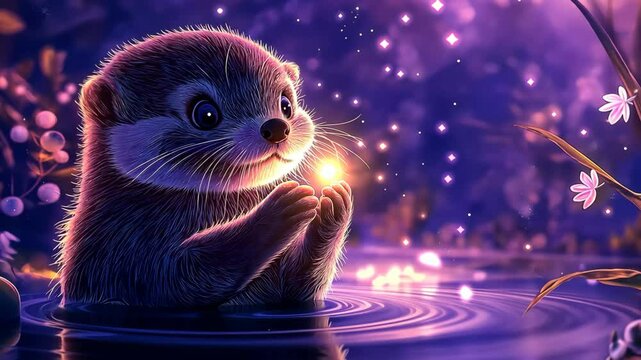 cartoon animation clip, a cute otto holding firefly at pond surround with mystical forest 