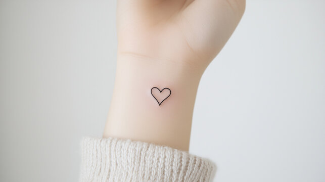 Tiny Heart Tattoo: A close-up shot of a delicate heart tattoo on a woman's wrist, symbolizing love and intimacy. The simple, minimalist design speaks to the wearer's personal style. 