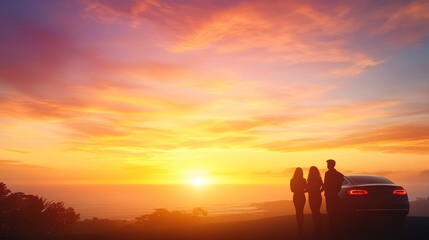 Obraz premium Sunset Coastal Road Trip Family Silhouette