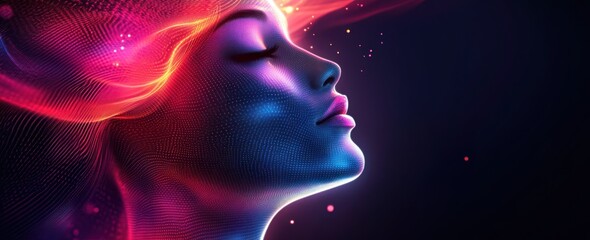 Obraz premium Digital profile of a person's head with glowing magenta and blue lights