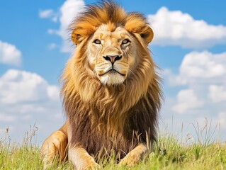 Obraz premium Majestic lion with a full mane resting in tall grass against a blue sky backdrop