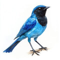 Obraz premium Vibrant Blue Bird Perched on Natural Surface with Intricate Feather Details and Striking Color Contrast Against a White Background