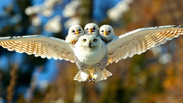 cute owl mother bird fly with three chic on her back 