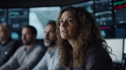 Focused businesswoman leads team, monitoring data on large screens in control room, strategic planning session