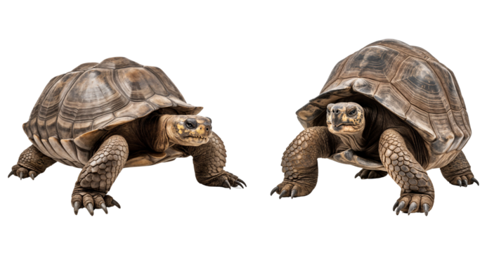 Two turtles walking slowly isolated on white background