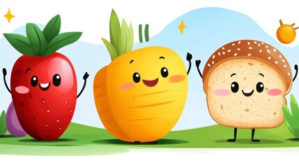 Cute Cartoon Fruits and Vegetables with Cheerful Expressions