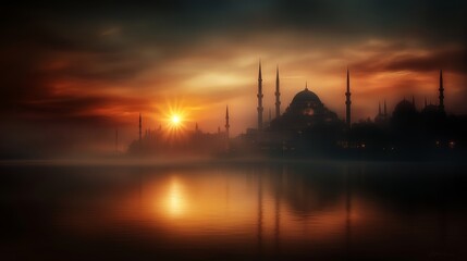 Sunset Silhouette of Mosque by Serene Water