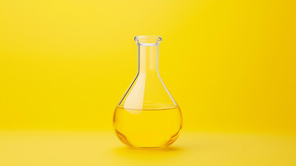Clear Glass Bottle: A minimalist still life featuring a clear glass bottle filled with a golden liquid,  standing out against a vibrant yellow background.  
