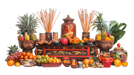 an ornate altar with incense sticks fruits transparant background