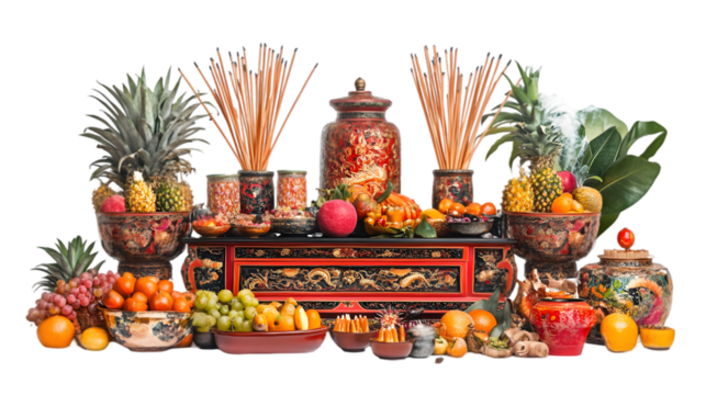 an ornate altar with incense sticks fruits transparant background
