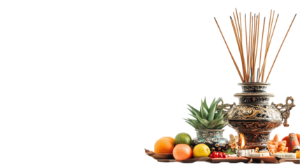 an ornate altar with incense sticks fruits transparant background