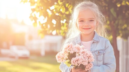 Fototapeta premium Sweet Little Girl Holding Pink Flowers Outdoors