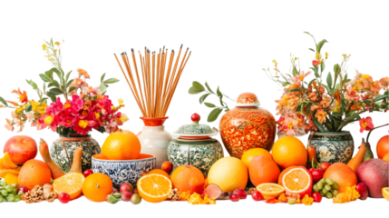an ornate altar with incense sticks fruits transparant background