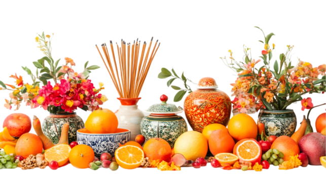 an ornate altar with incense sticks fruits transparant background