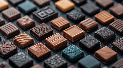 Fototapeta premium Assorted chocolates arranged on dark surface, close-up view, food photography, confectionery
