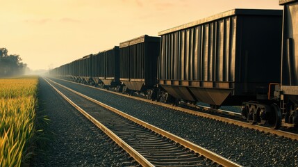 Fototapeta premium Trains Transporting Goods in a Scenic Landscape During Sunset, Showcasing Cargo Wagons Along a Quiet Railway Surrounded by Lush Green Fields