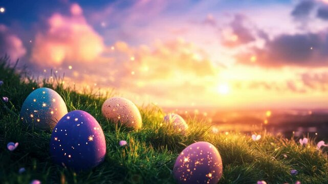 Colorful Easter eggs on grass at sunset, surrounded by glowing particles. Enchanting and magical atmosphere. Wide-angle video shot, cinematic style.