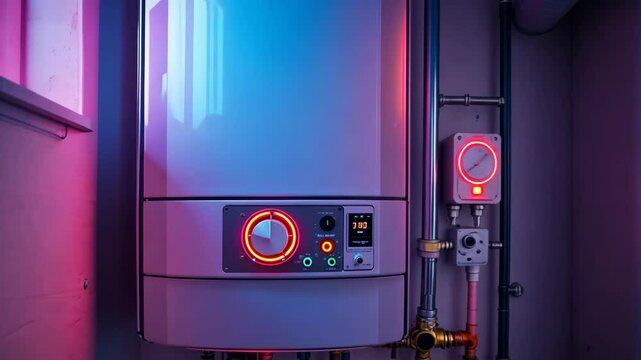 Futuristic boiler system with vibrant led interface and control panel in maintenance room