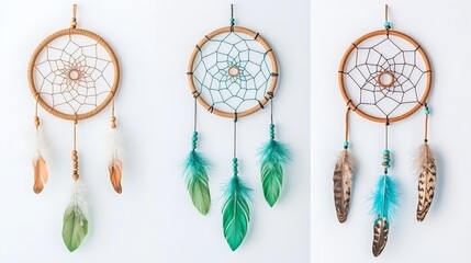 Three Dreamcatchers with Colorful Feathers and Beads