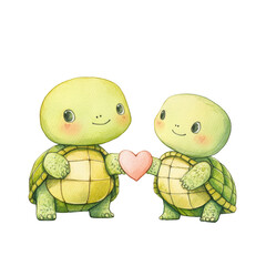 Obraz premium Two cute turtles hold a heart symbol, conveying friendship and affection in a playful and charming manner. png, transperent background