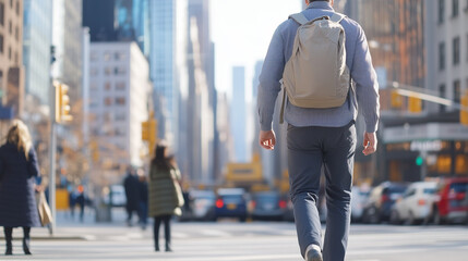 Urban Explorer: A lone figure with a backpack walks purposefully through a bustling city street, skyscrapers looming in the background, conveying a sense of adventure and urban exploration. 