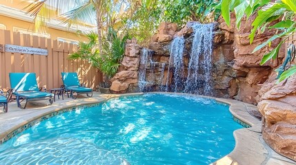 Luxurious Backyard Pool Oasis with Waterfall Feature and Lounge Chairs