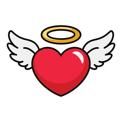Cute heart with wings and halo icon. Adorable design perfect for love, angel, or Valentine's themes. Flat cartoon style vector illustration.