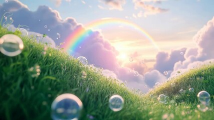 A serene landscape with lush green hills, floating bubbles, and a vibrant rainbow under a cloudy sky. Captured in a wide-angle video shot. - Powered by Adobe