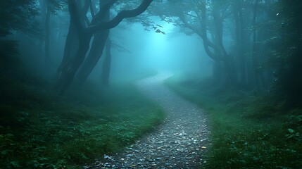 Mystical forest path, fog, trees, blue light, nature, fantasy, background, game design