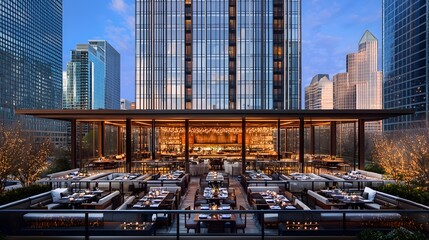 Rooftop Restaurant with City Skyline View at Dusk Modern Outdoor Dining Terrace
