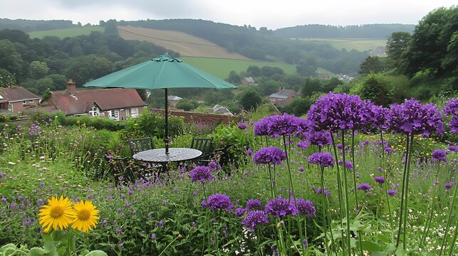 Serene Garden Patio with Purple Allium Flowers Green Umbrella and Rolling Hills View - Powered by Adobe
