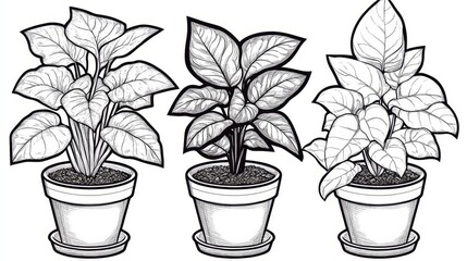 Fototapeta premium Three Potted Plants Line Art Illustrations