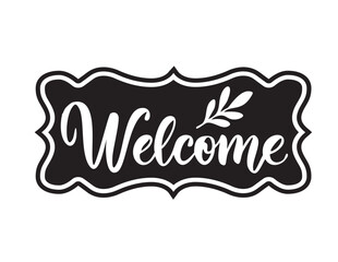 Welcome text design, featuring calligraphy lettering with a modern touch. Elegant calligraphic style illustration in black ink on a white background. A stylish and sophisticated vector graphic for quo