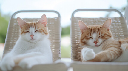 Peaceful Coexistence: Two orange and white tabby cats, eyes gently closed, nap contentedly side-by-side in woven chairs, a scene of tranquil companionship. 