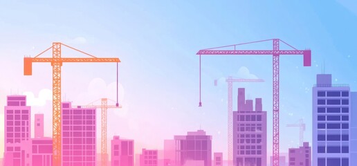 Fototapeta premium colorful flat illustration of the construction site with cranes and buildings, city skyline in the background