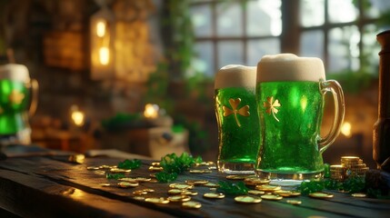 Festive irish st. patrick's day scene with green beer and gold coins.