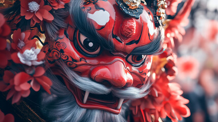 Celebration of Setsubun with traditional ceremonial mask and decorations during festive activities