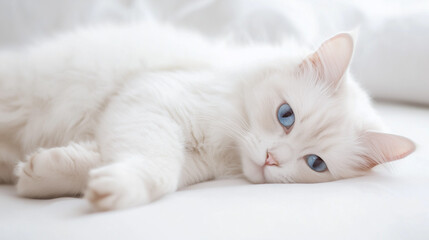 Obraz premium White Cat with Blue Eyes: A beautiful white cat with piercing blue eyes lies in a relaxed, contented pose on a soft white bed.